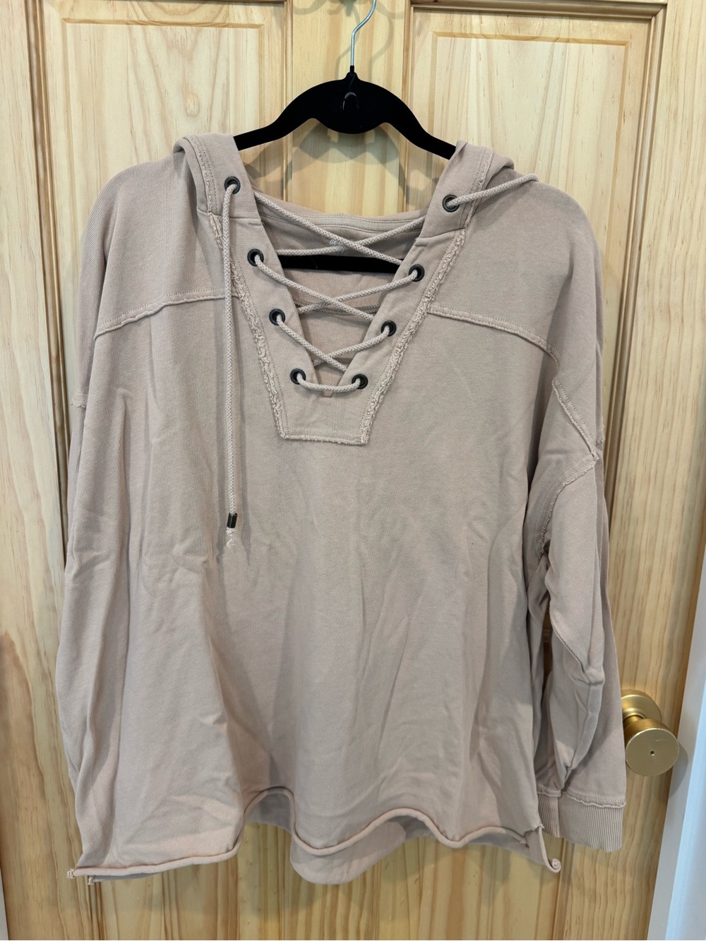 aerie Lace-Up Hooded Pullover - Light Taupe